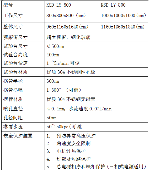 淋雨试验机规格参数